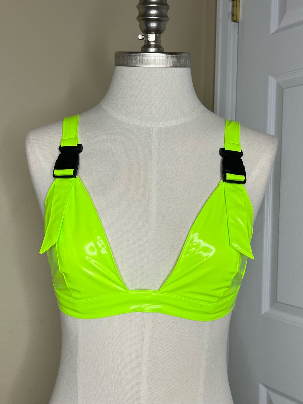 iHEARTRAVES Neon Lime Vinyl Bralette with Buckle Straps